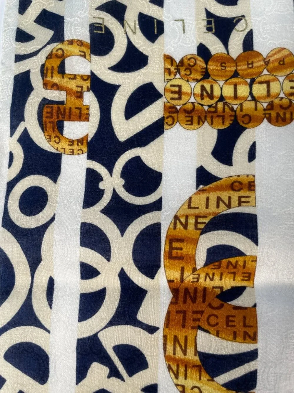 Celine Vintage Cotton Scarf Navy Ivory Gold Logo Stripe Print 22” - Picture 11 of 13